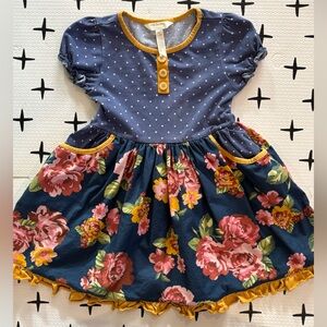 Matilda Jane Navy Floral Dress with Polka Dots  and Mustard Accents
